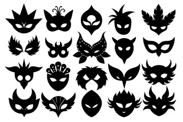 A Set of 27pcs different masquerade mask black Silhouette Design with white Background and Vector Illustration