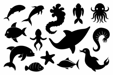 A Set of 20 pcs Sea Life black Silhouette Design with white Background and Vector Illustration