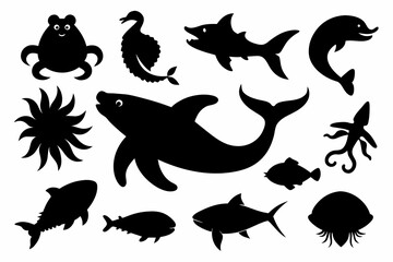 A Set of 20 pcs Sea Life black Silhouette Design with white Background and Vector Illustration