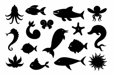A Set of 20 pcs Sea Life black Silhouette Design with white Background and Vector Illustration