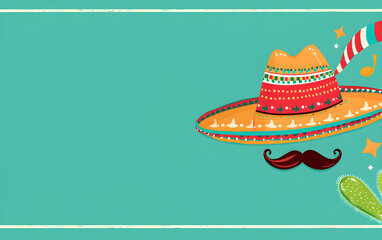 Sombrero and Mexican mustache on turquoise background. Festive banner with copy space. Cinco de mayo. Dia de Los Muertos. Flat cartoon template design for Traditional Mexican culture holiday.