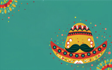 Sombrero and Mexican mustache on green background. Festive banner with copy space. Cinco de mayo. Dia de Los Muertos. Flat cartoon template design for Traditional Mexican culture holiday.
