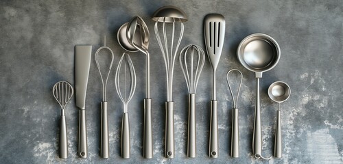 A set of polished, stainless steel kitchen utensils, from whisks to spatulas, arranged in a fan shape against a cool, cement gray background.