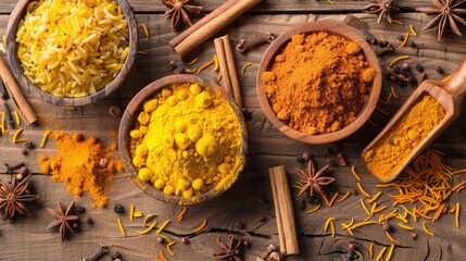 Indian recipes, showcasing vibrant spices, aromatic rice, and mouthwatering dishes arranged on a rustic wooden table.