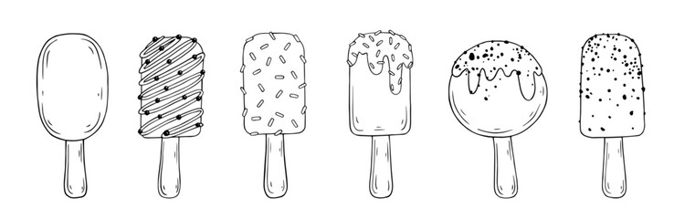 Set of linear sketches of a summer dessert, ice cream sundae on a stick.Vector graphics.