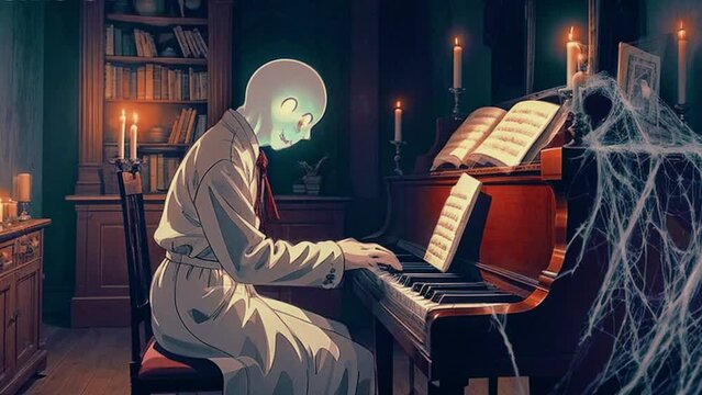 ghost playing the piano in a haunted mansion, with cobwebs and flickering candles adding to the atmosphere, 4k High-Quality anime-style animations video
