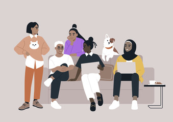 A diverse assembly of young women gathered together on a sofa, engaging in animated discussions about a project they are collaboratively working on