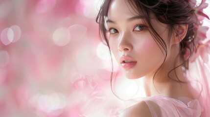 Elegant pose, Japanese woman, light pink gown, hair back, soft studio light, mid shot, tranquil aura