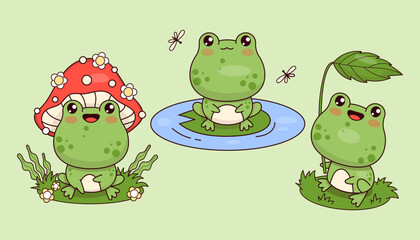 Fototapeta premium Cute frog amanita mushroom, in swamp and under leaf. Isolated funny animal kawaii character. Vector illustration. Kids collection.