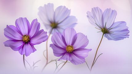 Fototapeta premium pastel purple and white flowers in a close-up shot against a soft, white background, with a dreamy composition bathed in gentle light