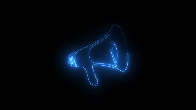Neon megaphone icon blue pink color animation black background. neon light hand speaker animated on black background.