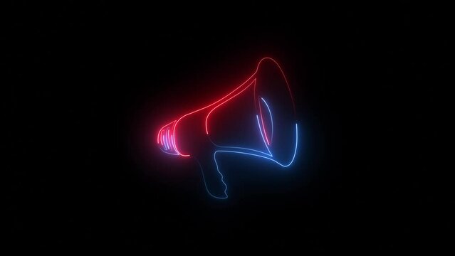 Neon megaphone icon blue pink color animation black background. neon light hand speaker animated on black background.