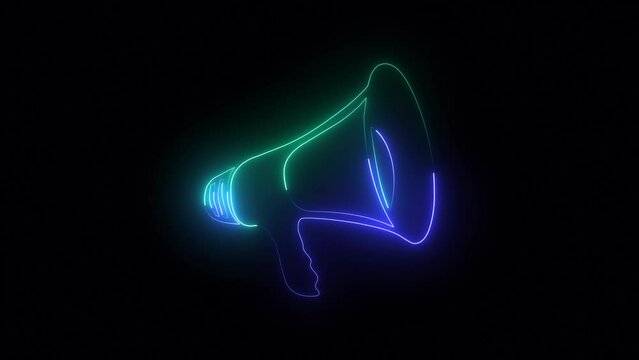 Neon megaphone icon blue pink color animation black background. neon light hand speaker animated on black background.
