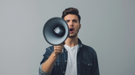 Man stands confidently against a gray background, bringing a megaphone to his mouth