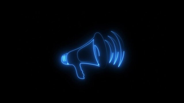 Neon megaphone icon blue pink color animation black background. neon light hand speaker animated on black background.