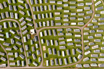 Aerial view directly above a large static caravan or trailer park