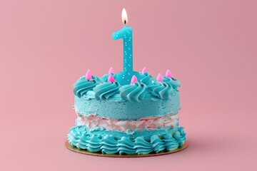 Birthday cake with one candle number 1 on pink background