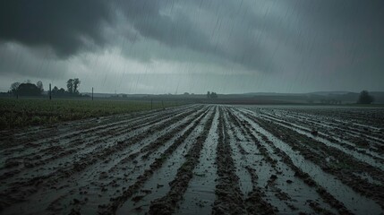 Obraz premium Massive rainfall, rural landscape, muddy fields, distant perspective, overcast sky, natural colors
