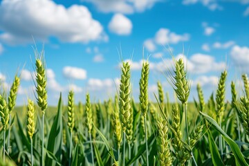 Green field with wheat ears on blue sky background
