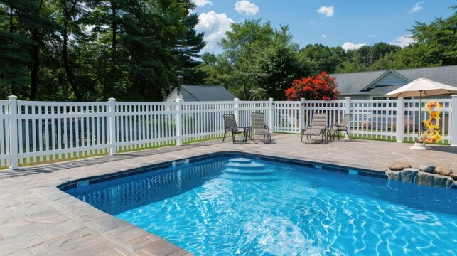 a pristine white privacy fence standing near a sparkling swimming pool, adorned with vibrant red hibiscus flowers amidst professionally landscaped greenery.