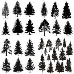 black tree silhouette set pure badge eco outline recreation breath emblem label protection graphic pine trunk woodland