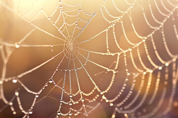 A close-up of dewdrops on a delicate spiderweb glistening in the morning light