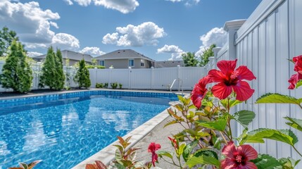 Fototapeta premium a pristine white privacy fence standing near a sparkling swimming pool, adorned with vibrant red hibiscus flowers amidst professionally landscaped greenery.
