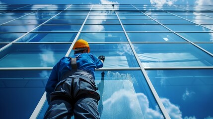 An employee of a professional cleaning service in overalls washes the glass of the windows of the facade of the building. Showcase cleaning for shops and businesses hyper realistic 