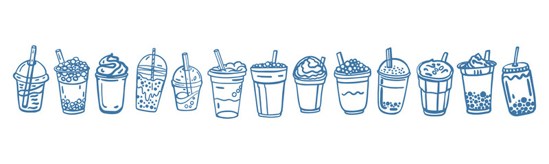 Hand drawn bubble milk tea set with cute doodle decoration. Boba milk tea and yummy drinks illustration. Cold tea. Realistic. Vector illustration.