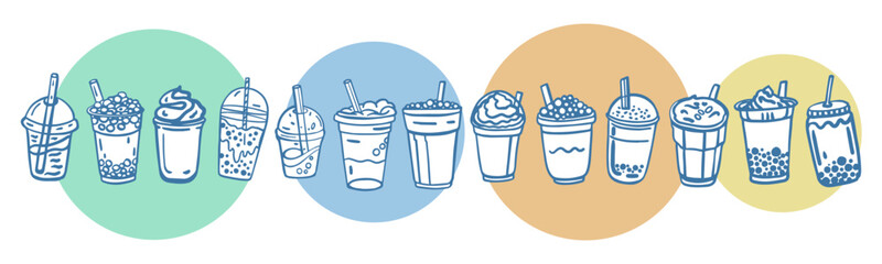 Hand drawn bubble milk tea set with cute doodle decoration. Boba milk tea and yummy drinks illustration. Cold tea. Realistic. Vector illustration.