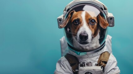 astronaut dog portrait isolated on blue background hyper realistic 