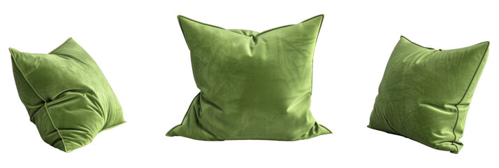 Green pillow, different versions, set, transparent or isolated on white background