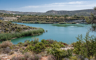 View of Symvoulos Dam and the water Reservoir, as seen from the circular walk around the lake,...