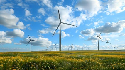 Wind turbines in field generate green hydrogen for nitrogen fertilizer production. Concept Renewable Energy, Green Hydrogen, Nitrogen Fertilizer, Wind Turbines, Field Agriculture