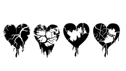 Broken heart gothic set vector illustration. Love symbol romance emo and sticker icon isolated white. Fashion shape silhouette abstract art and grunge decoration cartoon