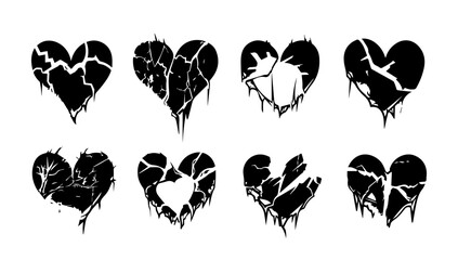 Broken heart gothic set vector illustration. Love symbol romance emo and sticker icon isolated white. Fashion shape silhouette abstract art and grunge decoration cartoon