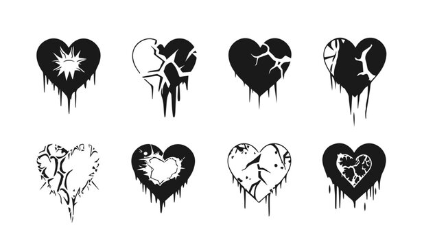 Broken heart gothic set vector illustration. Love symbol romance emo and sticker icon isolated white. Fashion shape silhouette abstract art and grunge decoration cartoon