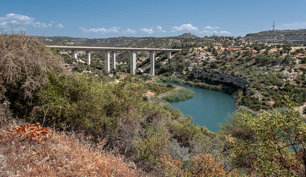 View of Symvoulos Dam and the water Reservoir, as seen from the circular walk around the lake, located near Satira village, west of Limassol, Cyprus  