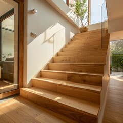 Contemporary interior design featuring sleek ash tree wooden stairs in a newly built house
