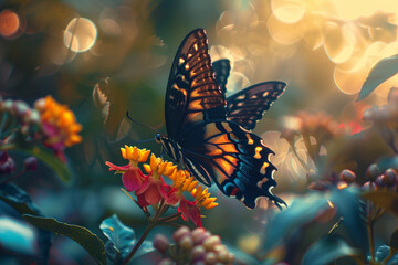 A close-up of a sunlit butterfly perched on a vibrant flower. - Powered by Adobe