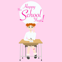 Postcard Cute girl with red hair sitting at a school desk on pink background. Back to school edition. Flat vector lettering 