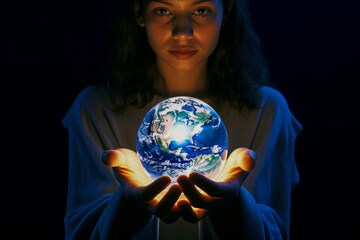 Fototapeta premium A 20-year-old woman holding a glowing globe in her hands at night, signifying her potential to change the world.