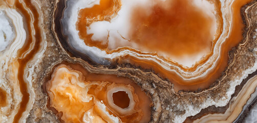 The intricate layers and patterns of an agate stone, revealing a mix of earthy tones and grays, accentuated by bands of white. The texture is smooth with concentric patterns emanating from the core. - obrazy, fototapety, plakaty