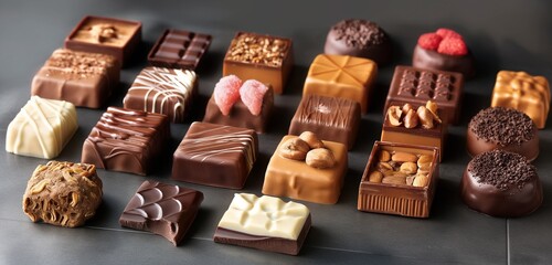 An assortment of fine chocolates, each with a unique filling and design, arranged in a decadent...