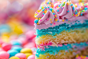 A close-up of a slice of cake with colorful frosting.