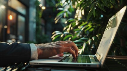 closeup with hand of businessman using laptop, with out door cafe, chilling, technology concept. AI Generative. hyper realistic 