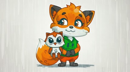 Obraz premium A drawing of a fox and cat wearing matching green shirts with an animal on each shirt
