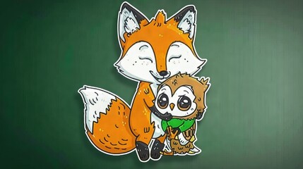 Obraz premium A fox wearing a backpack, sitting in front of a green background on a sticker