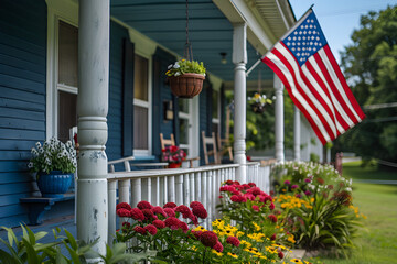 USA flag on the corner of a living house, symbolizing patriotism and national pride, suitable for American holidays and home decor.
