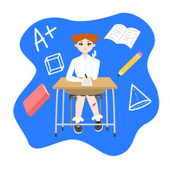 Cute girl with red hair sitting at a school desk near book pencil mark. Back to school edition. Flat vector. Background blue
